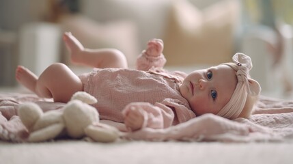 Newborn baby resting peacefully on soft pastel blanket, cuddling plush bunny beside delicate sleeping form