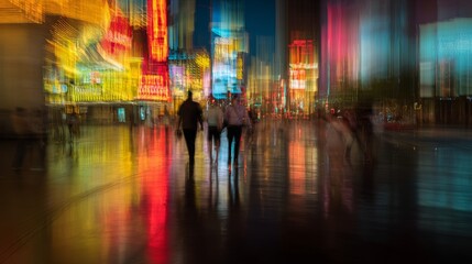 Business people are walking in a futuristic city at night with colorful lights and reflections