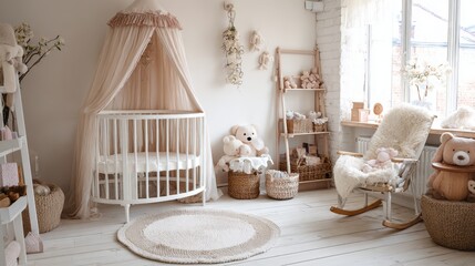 Cozy baby room decorated in soft pastel tones with a round crib, rocking chair, and various plush toys creating a peaceful atmosphere