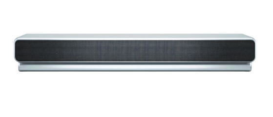 Ultra-slim rectangular soundbar with seamless grille and smooth finish, isolated on transparent background.