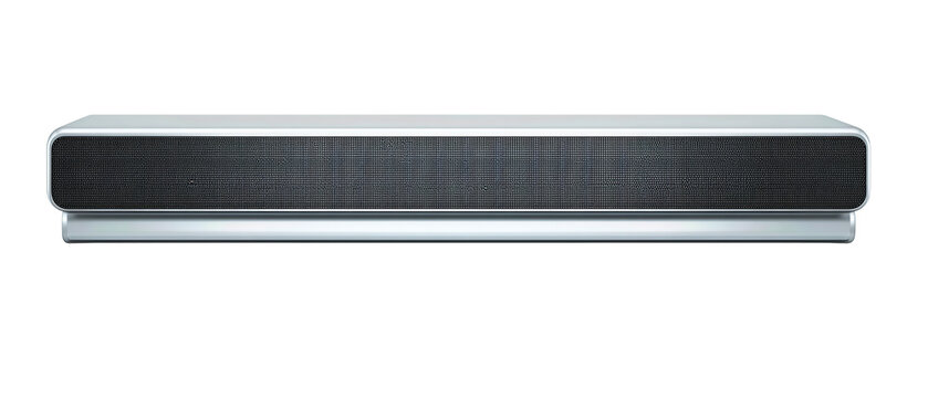 Ultra-slim rectangular soundbar with seamless grille and smooth finish, isolated on transparent background.