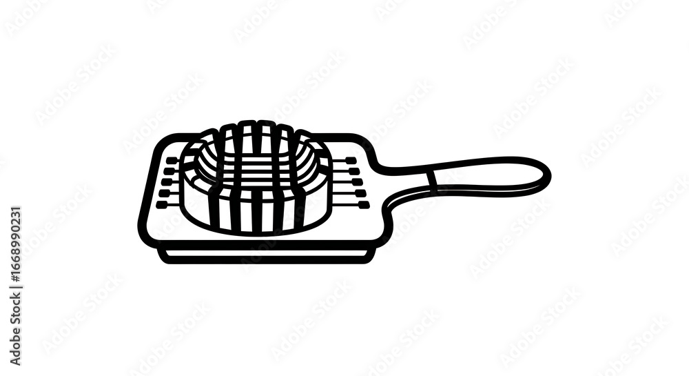 Poster a black and white line drawing of an egg slicer with an egg inside on a white background image view 
