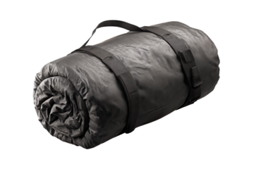 Rolled yoga strap made of cotton webbing with plain metal D-rings, isolated on transparent background.