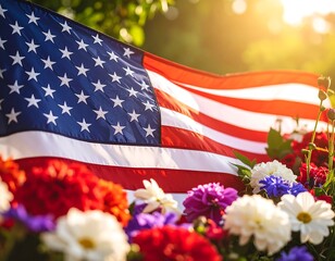 US Flag with Flowers, Summer, and Sunlight.