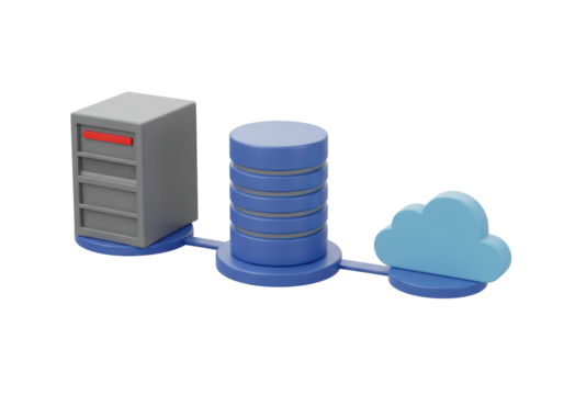 Isolated 3D Rendered Illustration of a Network Connection with a Server, Database, and Cloud Symbolizing Data Transfer and Cloud Computing