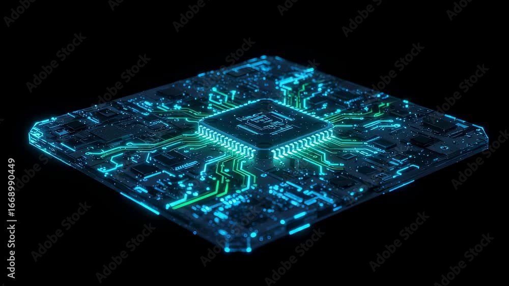 Aufkleber electronic circuit board with glowing lines of data flow. modern computer processing unit with elect