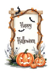 watercolor illustration for Halloween, frame with "Happy Halloween" text. festive scene with spooky jack-o'-lanterns, flying bat, autumn foliage for greeting card, party invitation, holiday decoration