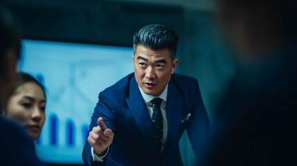 Financial advisor gesturing while explaining growth strategies during team coaching session in modern corporate boardroom