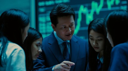 Financial advisor coaching young interns, gesturing toward screen with ascending green investment graphs during strategy briefing