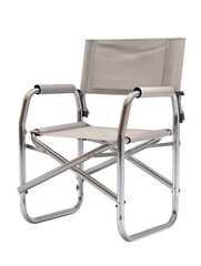 Folding camp chair in open position with taut seat fabric and matte frame, isolated on transparent background.