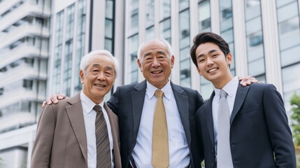 Professional businessmen spanning three generations supporting each other, representing collaborative corporate culture in Japanese workplace environment
