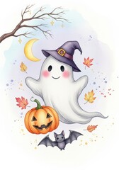Cute Halloween ghost with Witch Hat Watercolor Illustration for Halloween and autumn season, greeting cards, party invitations, posters, seasonal decorations 