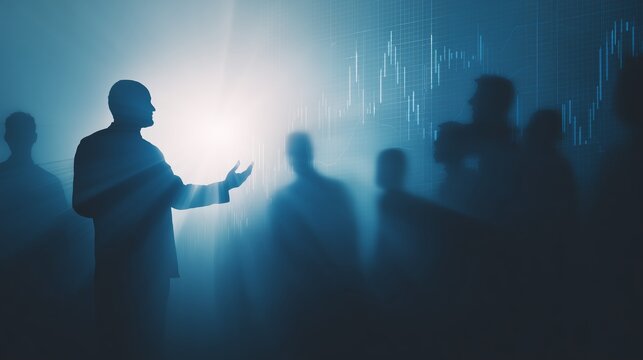 Silhouette of financial advisor presenting stock market data to investors with candlestick chart in background