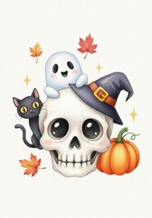 Fototapeta premium Cute Halloween Skull with Witch Hat and Black Cat Watercolor Illustration for Halloween and autumn season, greeting cards, party invitations, posters, seasonal decorations 