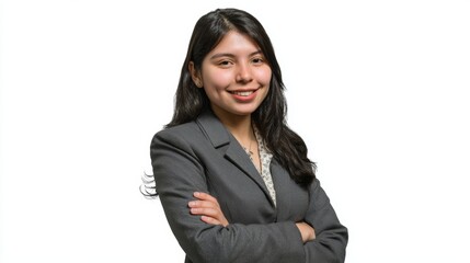Professional Peruvian businesswoman standing confidently, crossing arms and smiling, wearing corporate attire against white background
