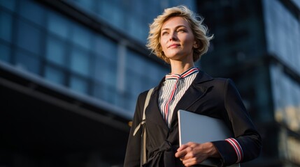 Professional businesswoman working on laptop, standing outside corporate building during golden hour sunlight