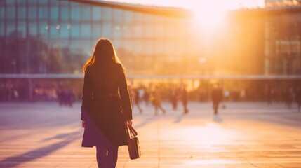 Businesswoman walking away from the camera in a vibrant city square at sunset, capturing the moment with a beautiful lens flare