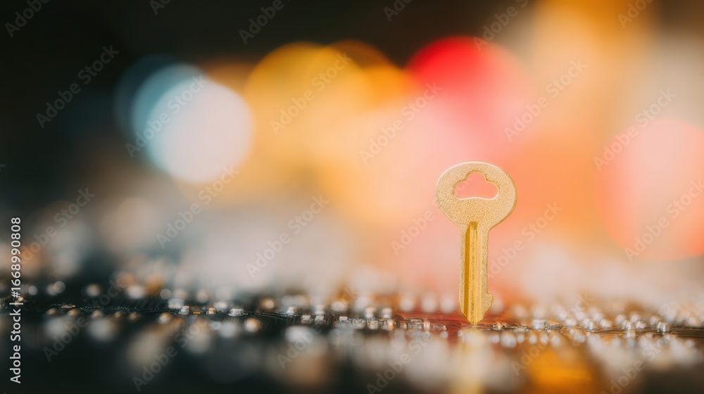 Poster golden key on a textured surface with colorful bokeh background