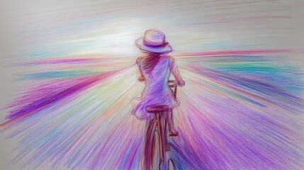 Colorful pencil illustration of young woman riding a bicycle towards the sunset in a colorful landscape