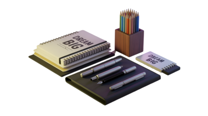 Notebooks and pens with dream big message isolated on transparent background
