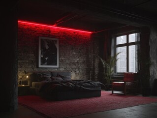 A dark, industrial-style bedroom with brick walls, red accents, and a dramatic mood.