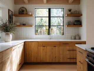 A modern kitchen design featuring light wood cabinetry, white subway tiles, and open shelving, showcasing a bright and airy ambiance.