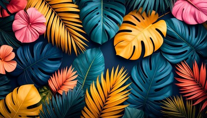 Tropical Leaves with Flowers, and Dark Background.