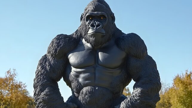 Powerful Gorilla Statue Outdoor Setting Strong Muscular Primate Sculpture