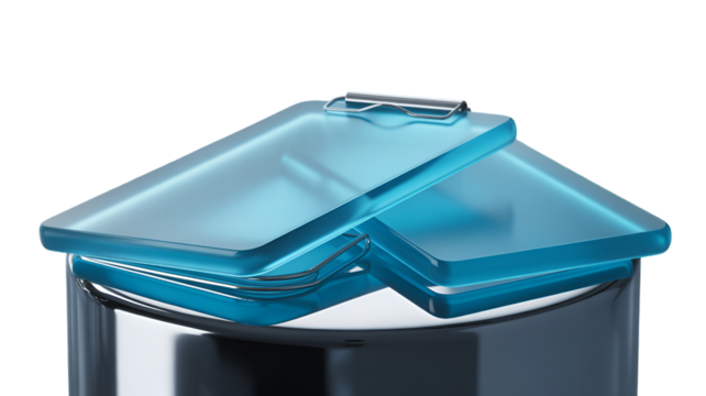 A stack of blue transparent acrylic lids on top of a container isolated on transparent background
