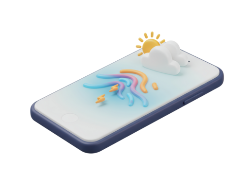 Isolated 3D illustration of a mobile phone displaying a weather forecast, featuring colorful weather icons like lightning, clouds, and sun, set against a no background for versatile design integration