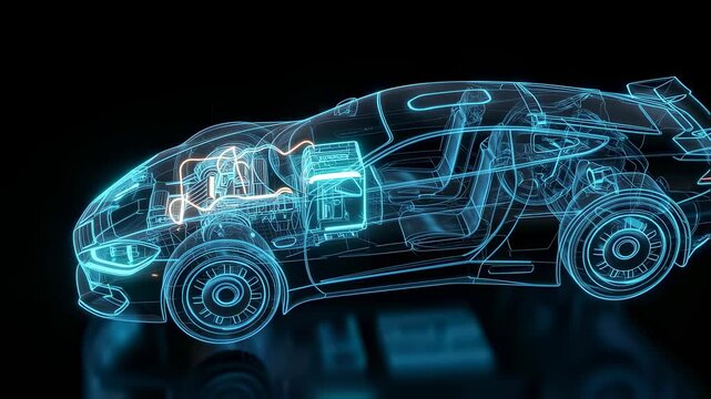Electric sports car blueprint with glowing engine and battery moving on black background, wireframe automobile concept animation.