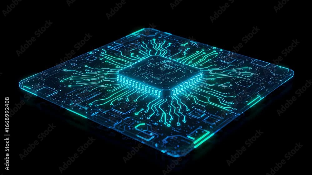 Aufkleber digital circuit board with glowing lines and microchip showing data flow for artificial intelligence