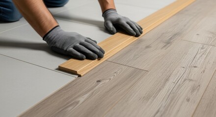 Slowmotion clip of a worker pressing a Tmold transition strip firmly into place bridging ceramic tile and natural wood plank floors.