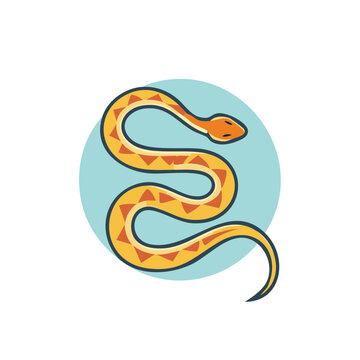 Stylized yellow and orange patterned snake coiled in a blue circle with dark outlines