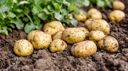Freshly Harvested Potatoes in Soil, Organic Farming, Close Up View