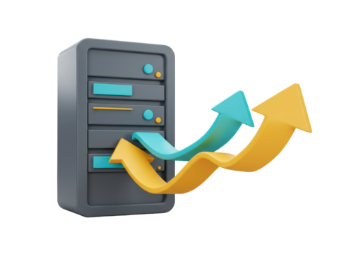 Isolated server system with growth arrows indicating rising performance, data processing and information technology advancement, on a white background
