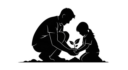 Father and child planting a seedling, a powerful silhouette symbolizing environmental stewardship, family bonding, and future growth. Ideal for Earth Day campaigns, Father's Day promotions,