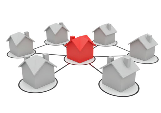 Isolated Network of Residences with a Central Red Home Representing Key Connectivity