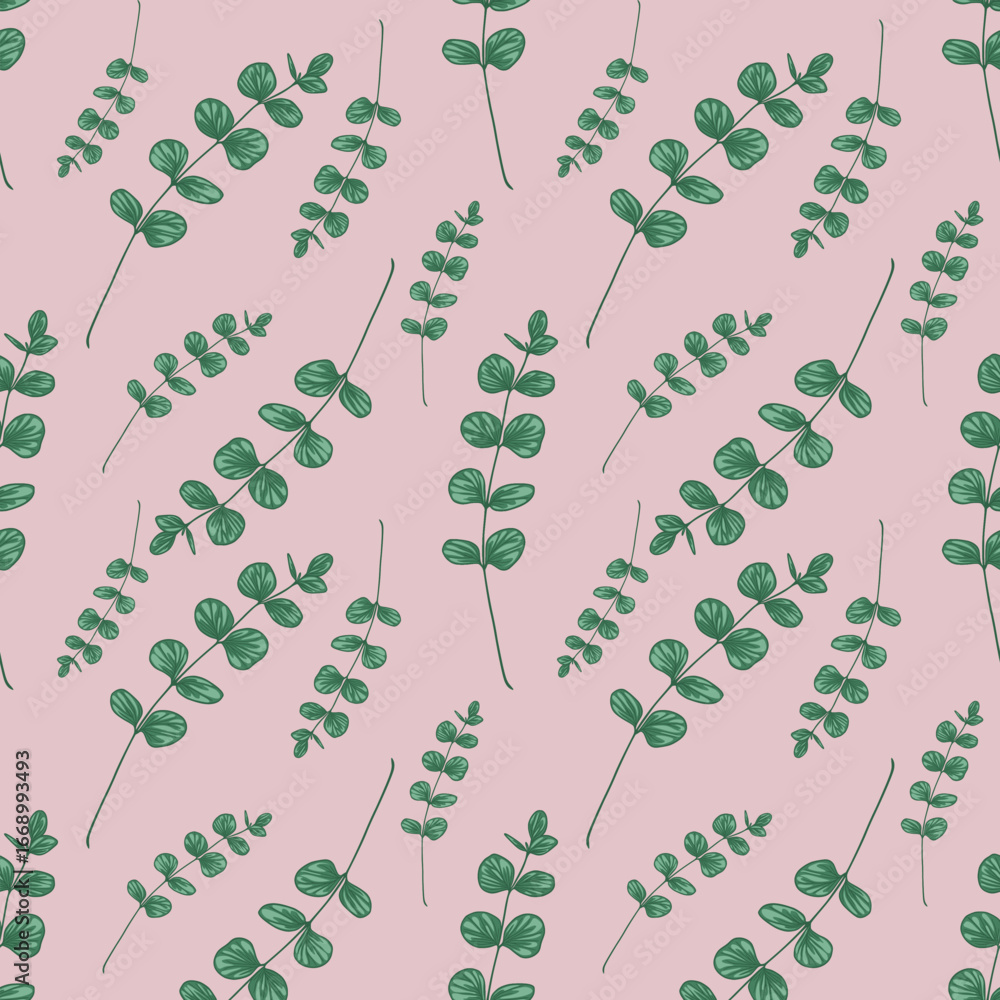 Poster seamless vector pattern of delicate eucalyptus branches with varying lengths and leaf arrangements o