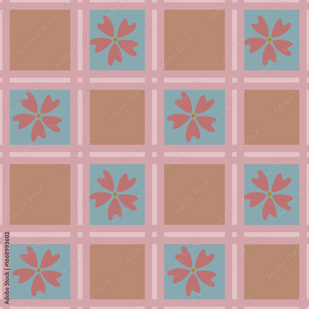 Poster seamless vector pattern with stylized pink flowers on a pastel background, arranged in a grid with a