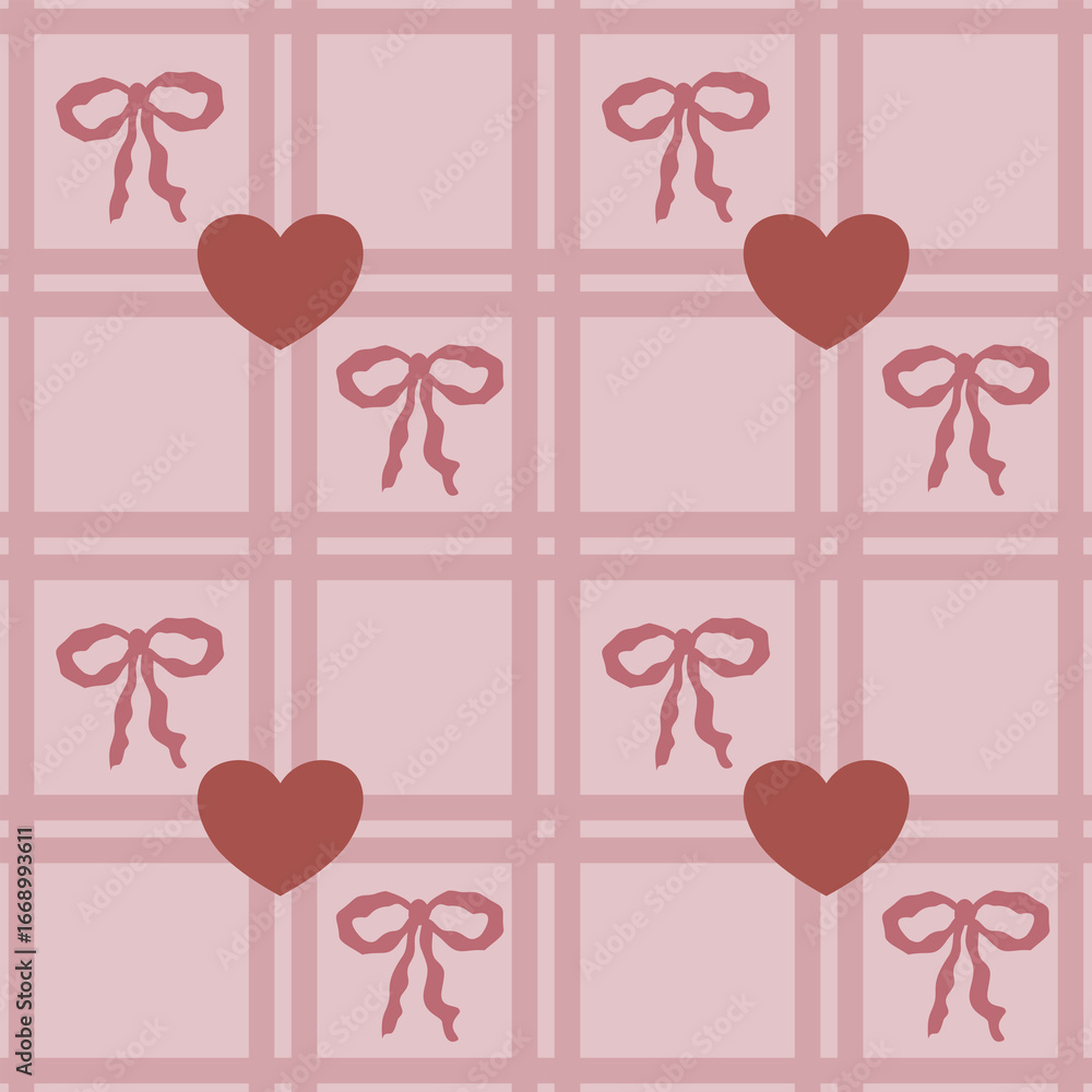 Poster seamless vector pattern featuring a delicate blush pink grid overlaid with charming terracotta heart