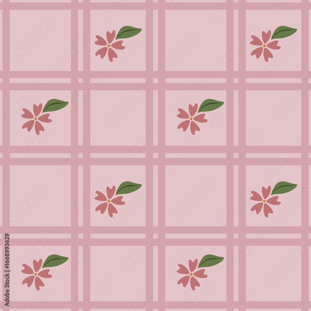 Poster seamless vector pattern featuring delicate pink flowers and leaves on a soft pink background, overla
