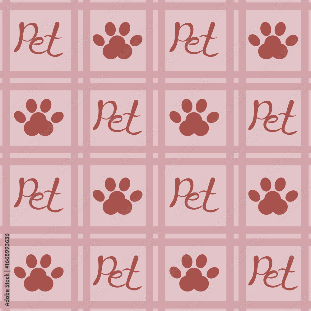 Poster seamless vector pattern with repeating stylized pet lettering and paw prints on a soft pink backgrou