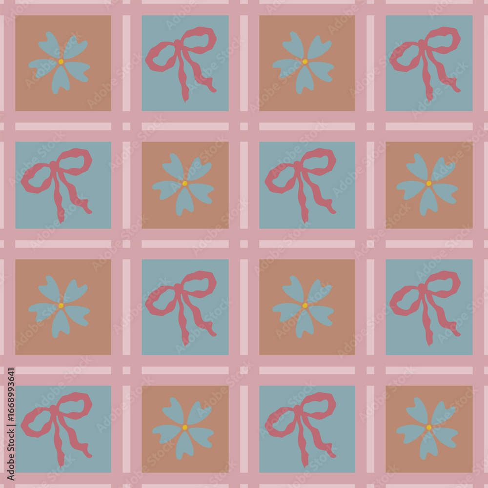 Poster seamless vector pattern featuring a delicate interplay of stylized flowers and bows, arranged in a g
