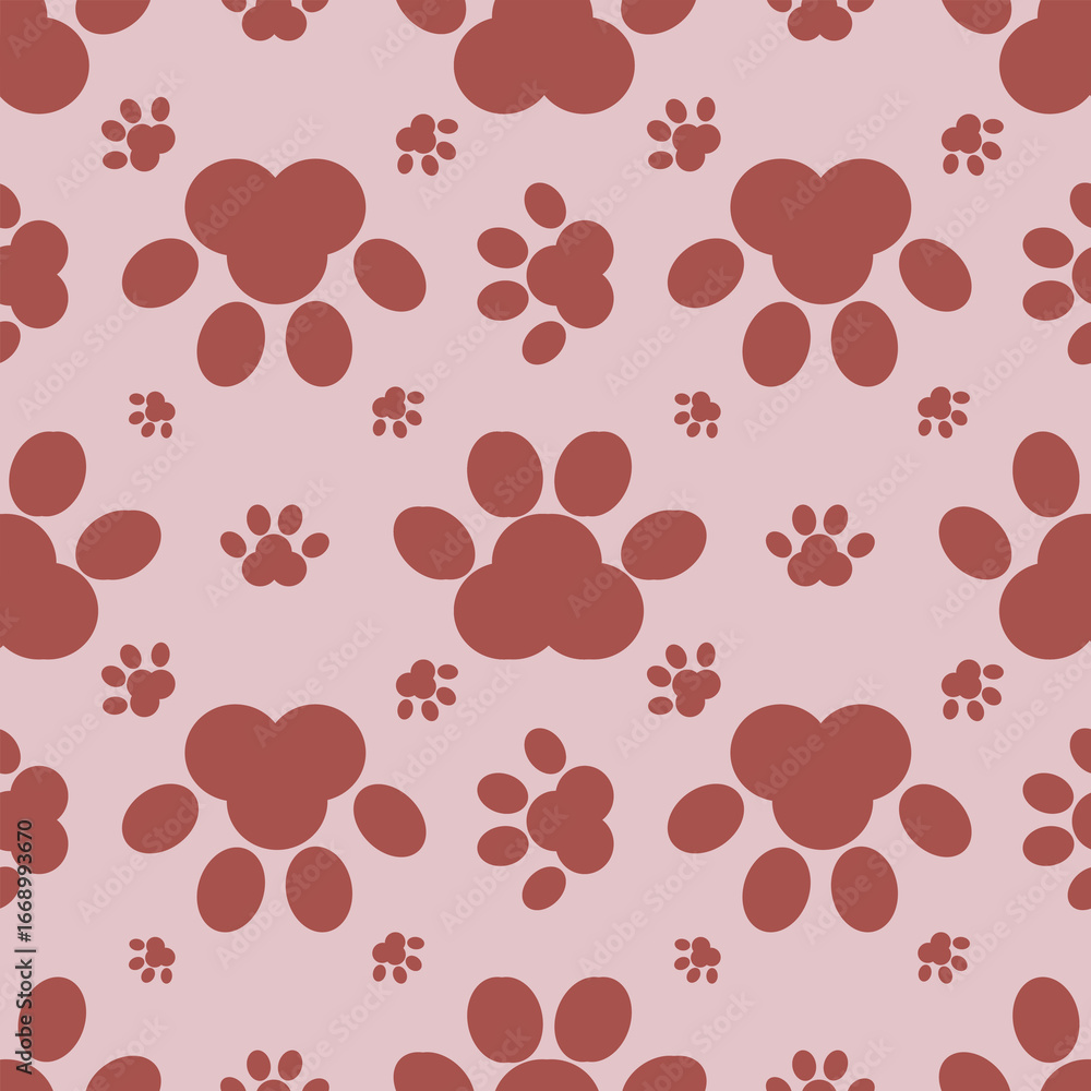 Poster seamless vector pattern with stylized paw prints in terracotta and blush pink, featuring varying siz