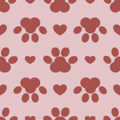 Seamless vector pattern featuring stylized paw prints and hearts, a charming design in muted terracotta and blush pink, perfect for pet related projects or Valentines Day designs.