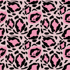 Seamless vector pattern with abstract pink and black leopard spots, ideal for trendy fashion textile design or stylish backgrounds.
