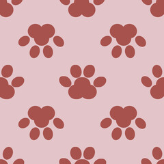 Seamless vector pattern of stylized terracotta paw prints on a pale pink background, ideal for pet themed designs and textile prints.