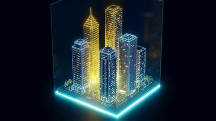 Glowing smart city miniature model with buildings and streets inside a transparent cube for urban technology footage. - Powered by Adobe