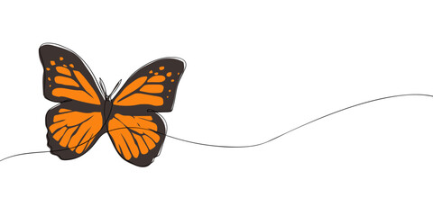 One line colored drawing of a butterfly with open wings. Minimalist linear illustration. Insect, wildlife and nature concept for design and decoration.